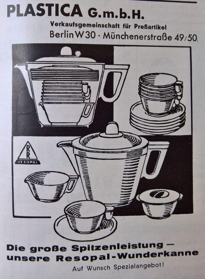 Advert for the Resopal Wunderkanne by Christian Dell, Die Schaulade, Volume 1 1934 (Plastica was a Berlin based sales cooperative for plastic goods)