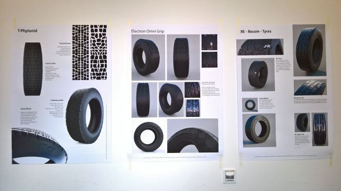 Results of the tyre design class Profilbildung, as seen at Werkschau 2019, FH Potsdam