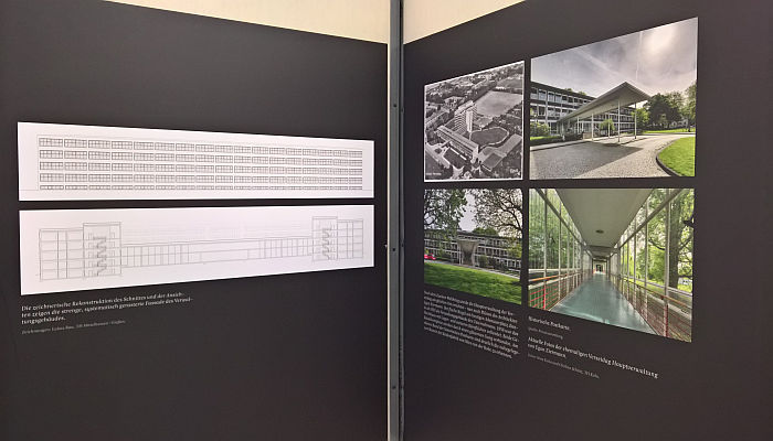 Ein Teil von Ludwig Mies van der Rohes Plan für das Hauptquartier der Vereinigten Seidenwebereien in Krefeld (l) und Fotos des von Egon Eiermann realisierten Gebäudes, gesehen bei „Mies im Westen“, Landeshaus des LVR Köln