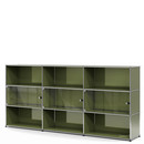 USM Haller Highboard XL mit 3 Glastüren, mit Schlossgriff, Olivgrün RAL 6003